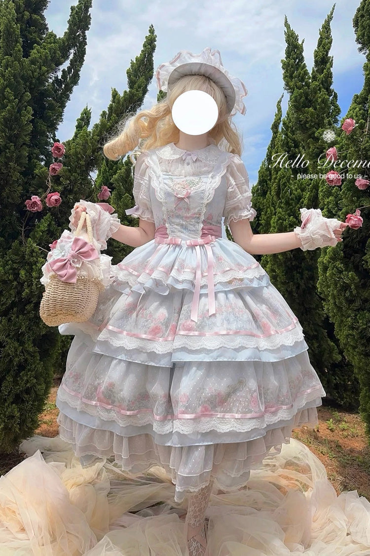 Multi-Color Rose Flower Cage Print Triple-Layered Ruffle Bowknot Sweet Elegant Lolita Jsk Dress