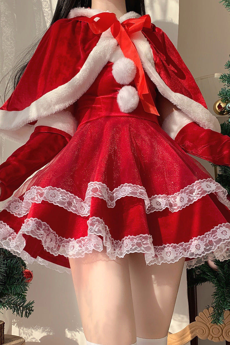 Red Christmas and New Year Double-Layered Ruffle Bowknot Lace Sweet Japanese Lolita Strapless Dress