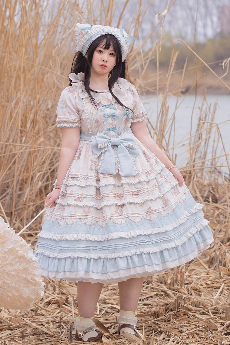 Blue/Apricot Harvest Bear Print Short Sleeves Multi-Layered Ruffle Bowknot Sweet Plus Size Lolita Dress 2 Versions