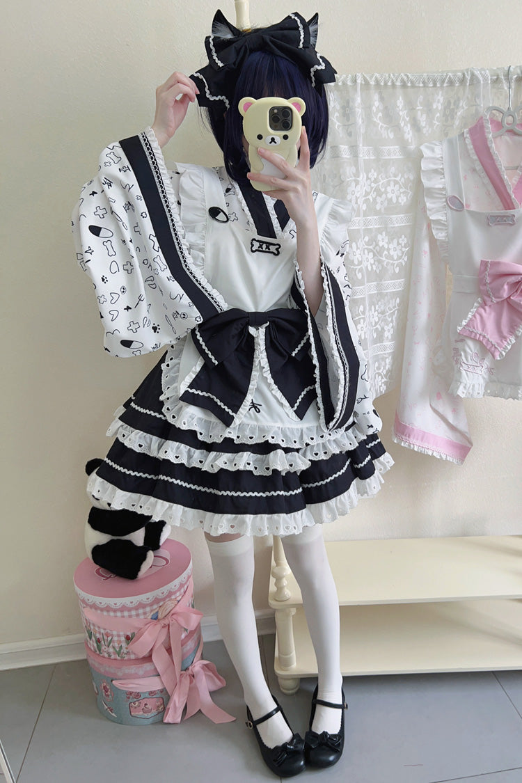 Black/White Double-Layered Ruffle Bowknot Maid Sweet Lolita Skirt Set