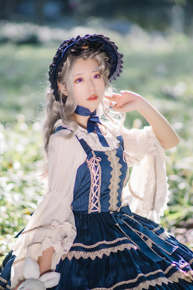 Dark Blue Three-section Cake Sleeveless Ribbon Sweet Lolita Tiered Dress