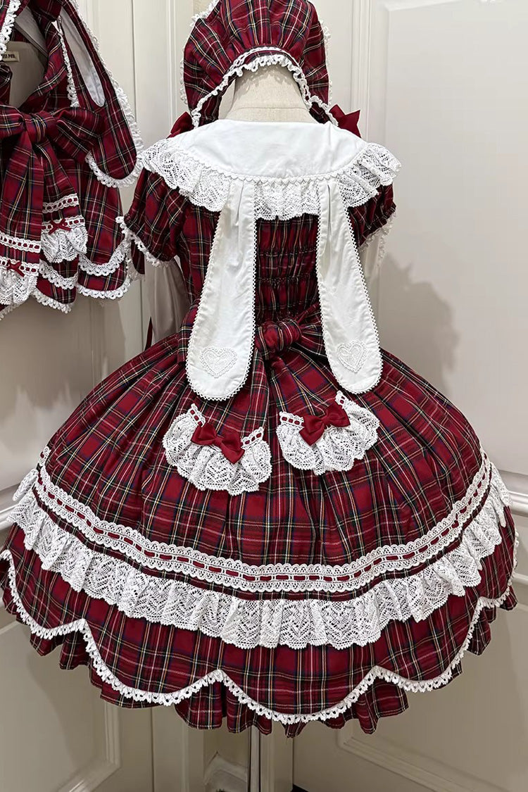 Red Gingham Petal Bunny Short Sleeves Printed Ruffled Bow Sweet Lolita OP Dress