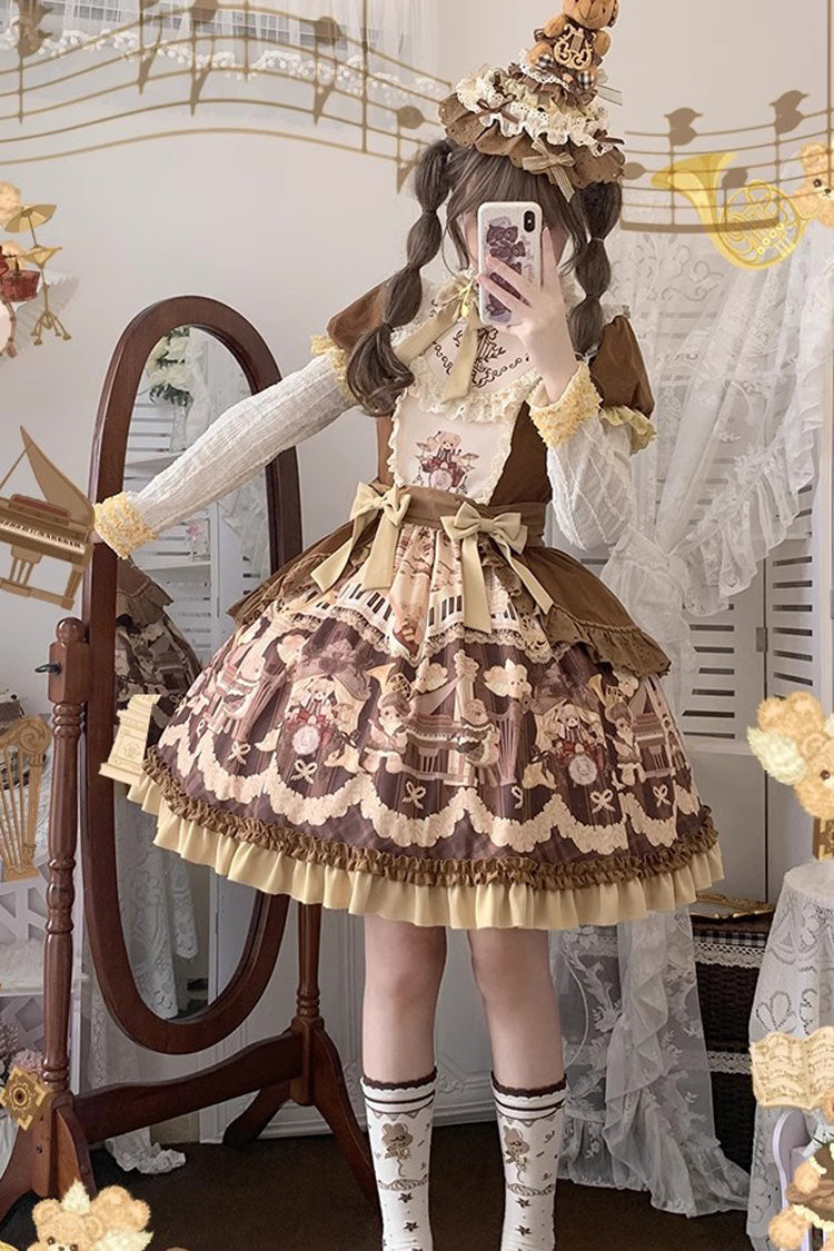 Brown Little Bear Concerto Print Ruffle Bowknot Sweet Princess Lolita Dress
