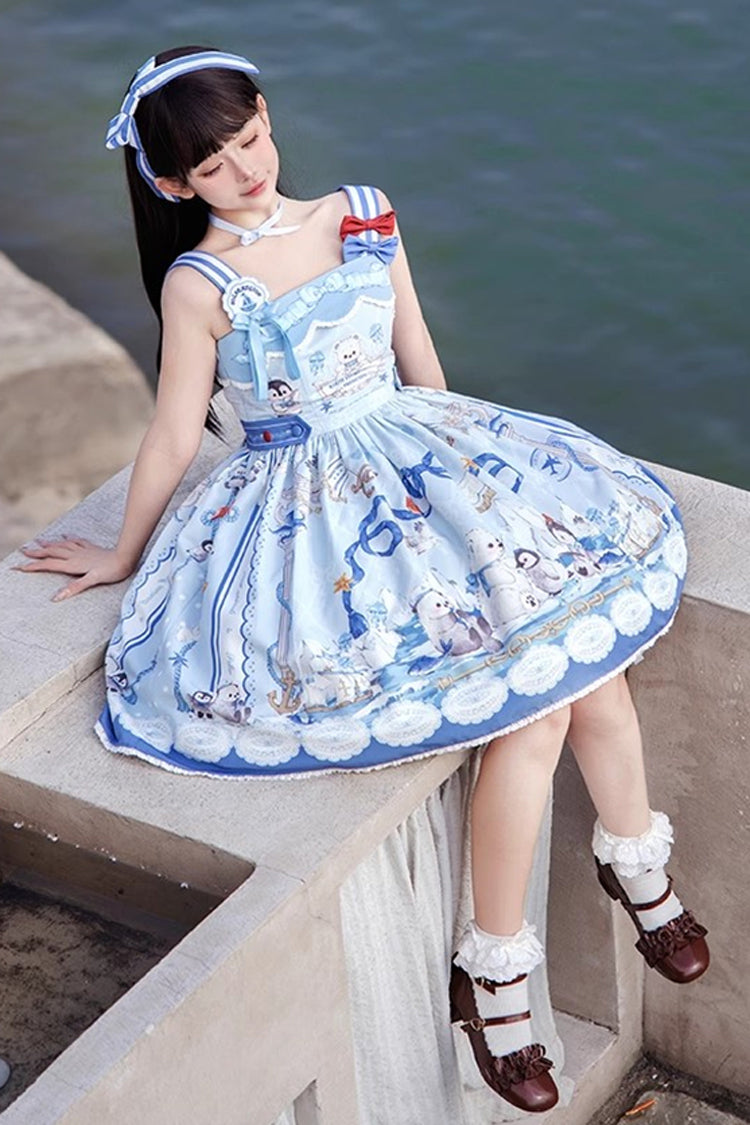 Blue Penguin Navy Print Ruffle Bowknot Sweet Princess Lolita Jsk Dress