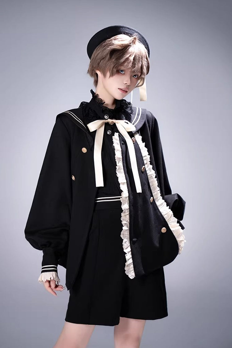 Black City of Mist Navy Collar Long Sleeves Gothic College Style Prince Ouji Lolita Shorts Coat Set