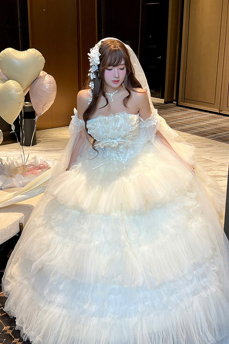 White Maiden's Love Off Shoulder Triple-Layered Ruffled Hanayome Bow Lace Sweet Princess Lolita Dress