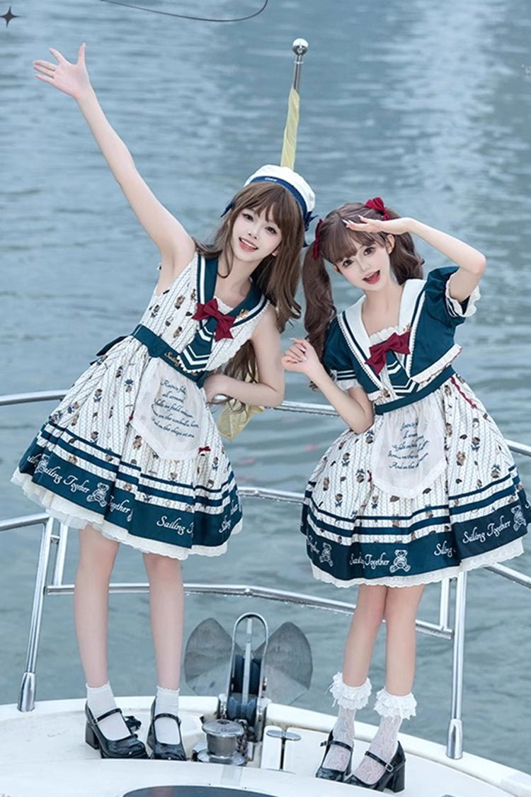Blue/White Bear Print Navy Ruffle Bowknot Sweet Princess Lolita Jsk Dress