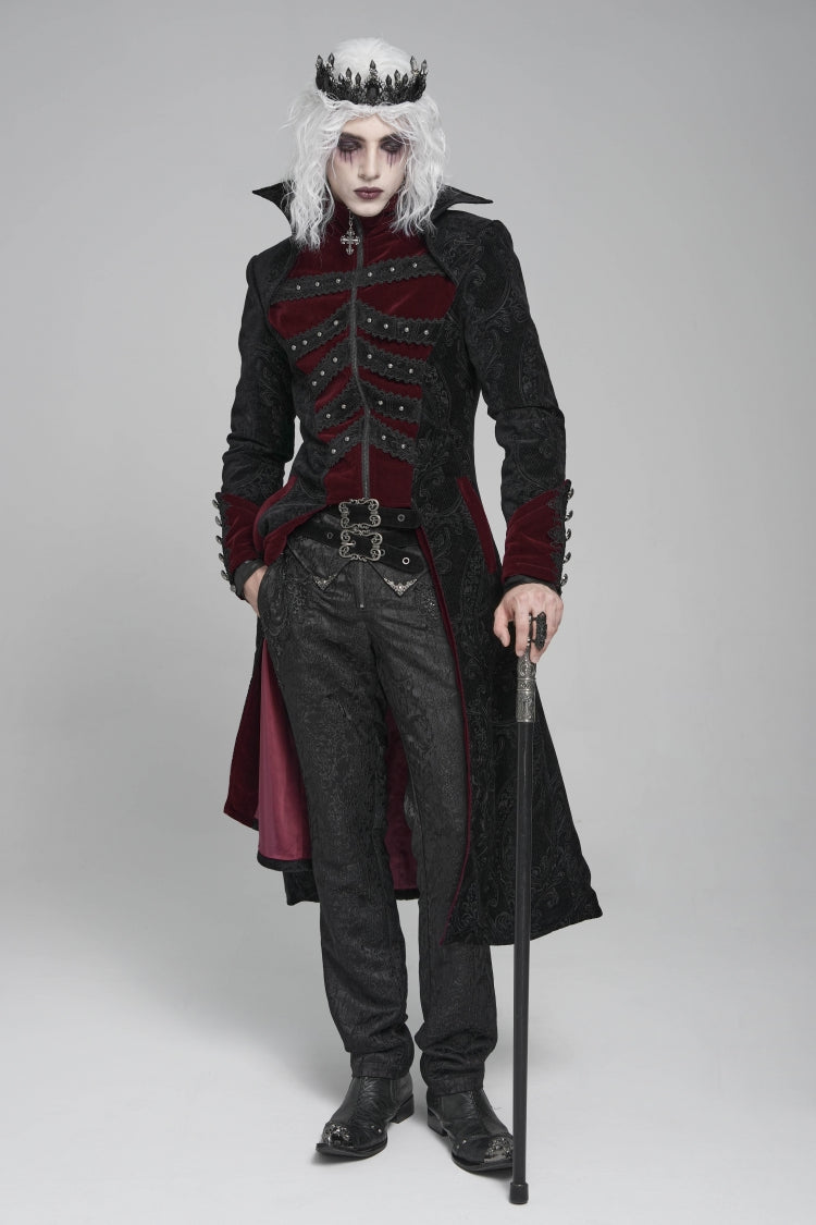 Black/Red Diamante Stand Collar Long Sleeves Printed Zippered Men's Gothic Long Coat