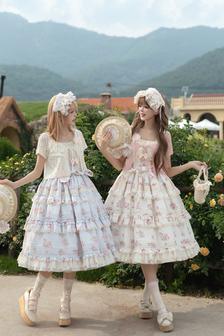 Strawberry Garden Sleeveless Multi-Layered Printed Ruffled Bow Sweet Lolita Jsk Dress 2 Colors