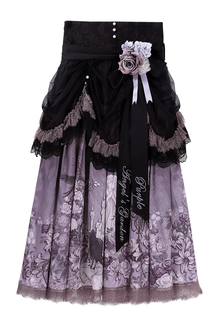 Black/Purple Angel Garden Sleeveless Print Ruffle Bowknot Lace Sweet Gothic Lolita Skirt Set
