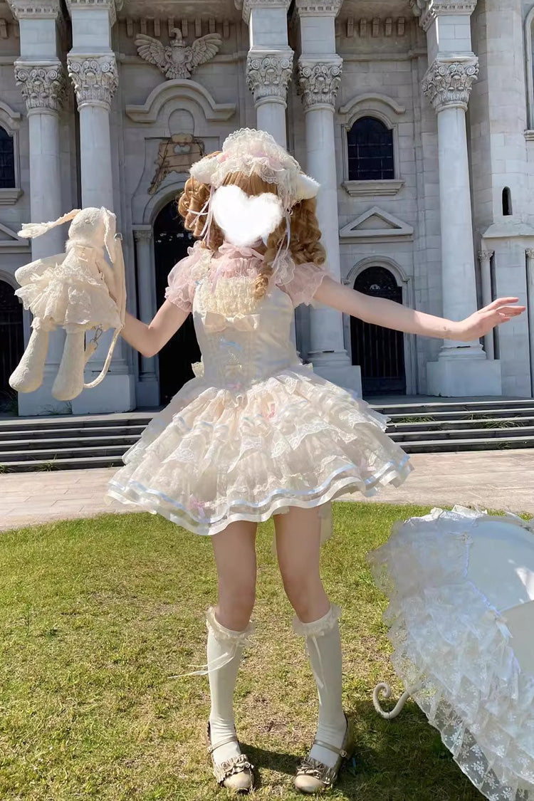 Apricot Butterfly Heart Ballet Triple-Layered Ruffle Bowknot Lace Sweet Ballet Lolita Jsk Dress