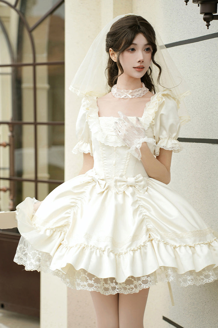White Letters and Poems Square Collar Short Sleeves Ruffle Hanayome Bowknot Sweet Elegant Gorgeous Lolita Dress