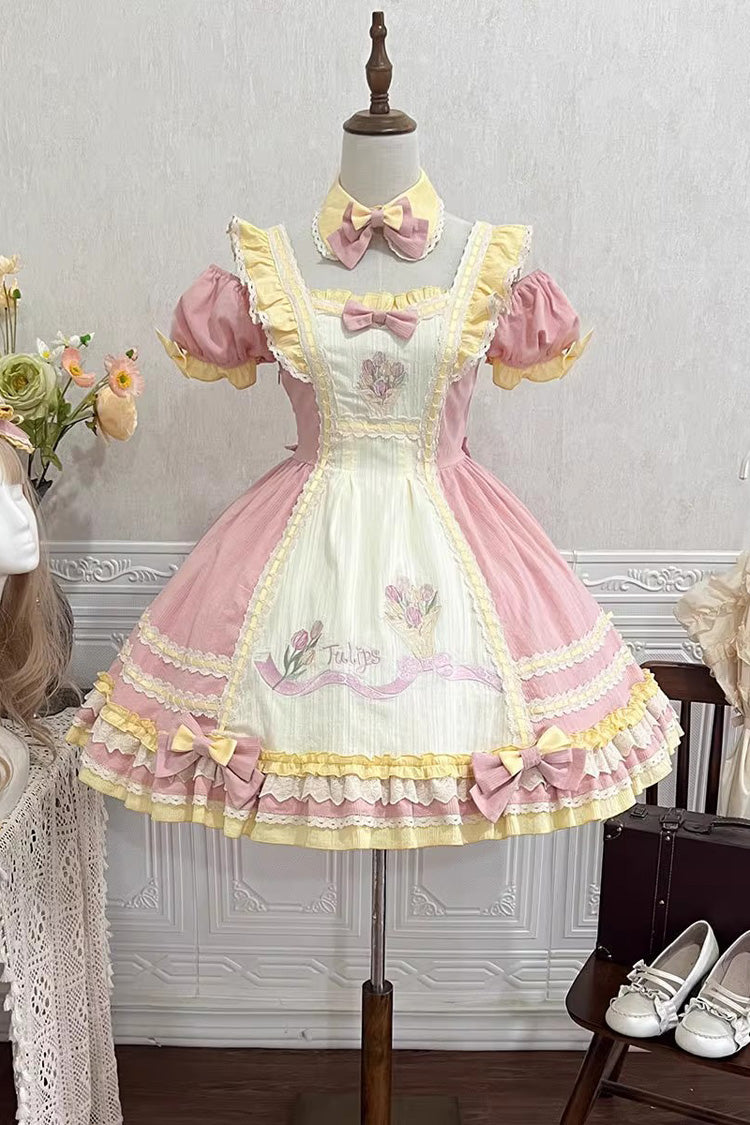 Pink Short Sleeves Tulip Print Ruffle Bowknot Sweet Lolita Dress