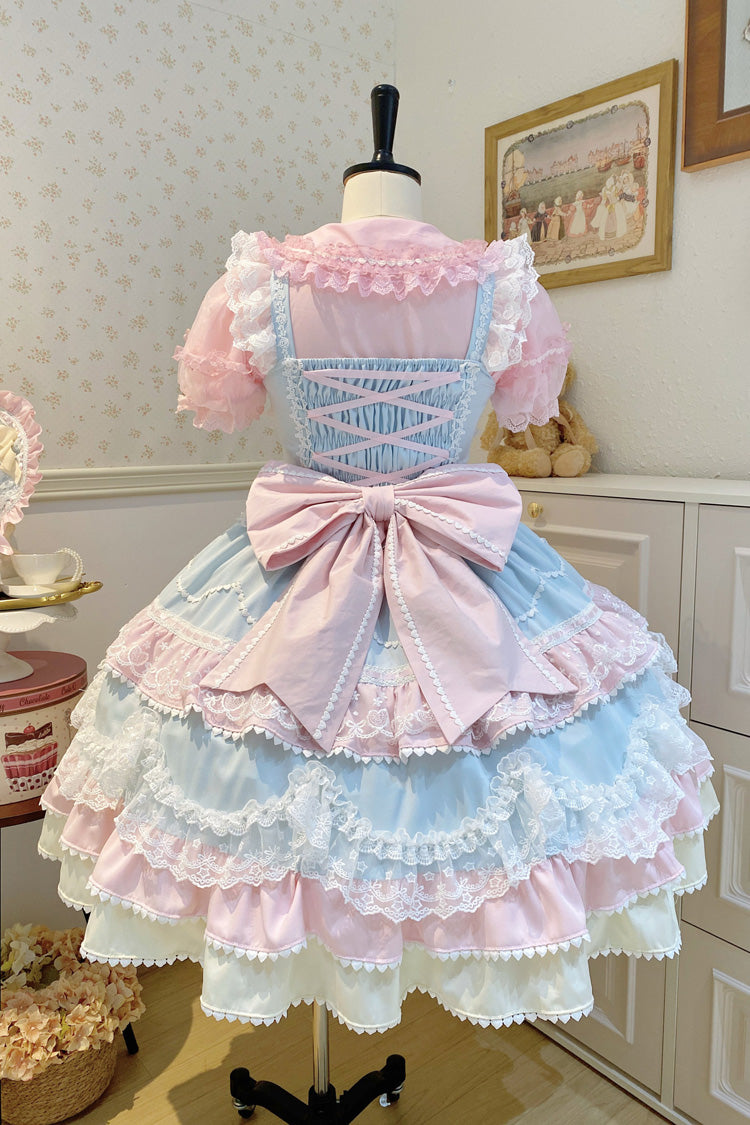 Blue/Pink Fondant Cake Sleeveless Multi-Layered Ruffle Bowknot Lace Sweet Lolita Jsk Dress