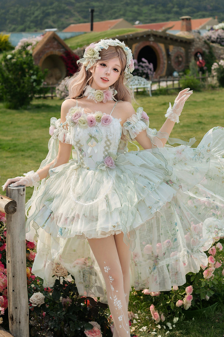 Green Spring Rose Sleeveless Multi-Layered Bowknot Lace-Up Fishbone Sweet Lolita Jsk Dress