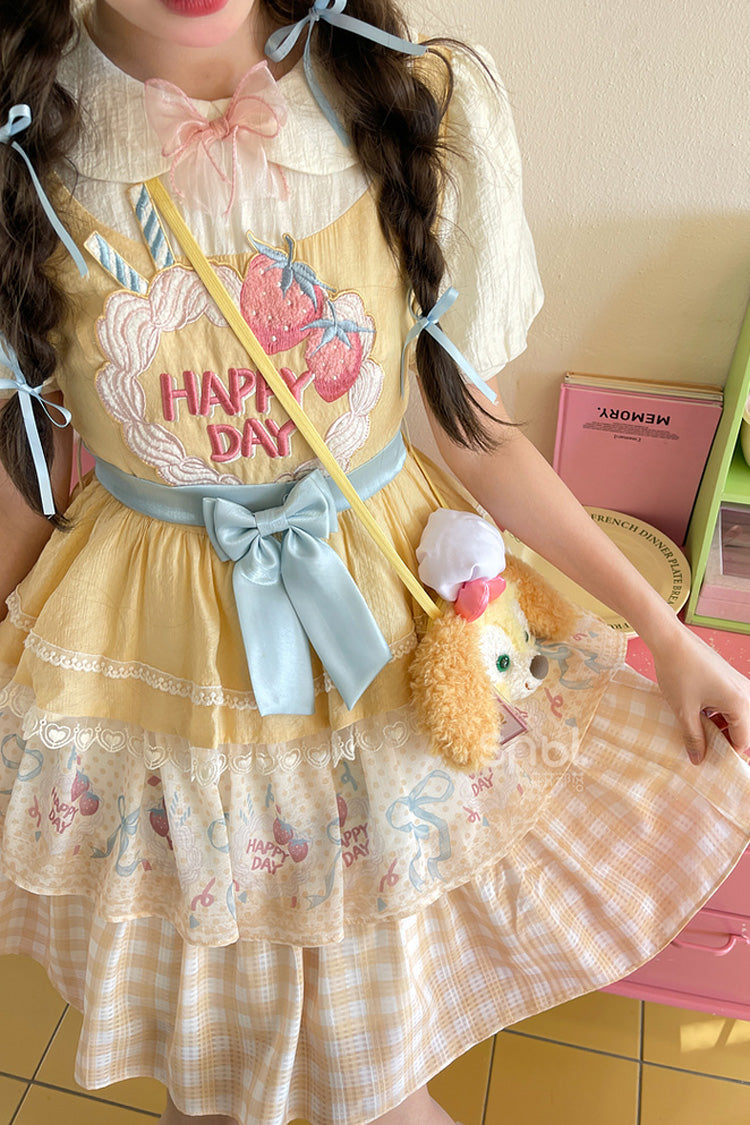 Yellow Happy Day Short Sleeves Triple-Layered Print Bowknot Lace Sweet Princess Lolita Dress