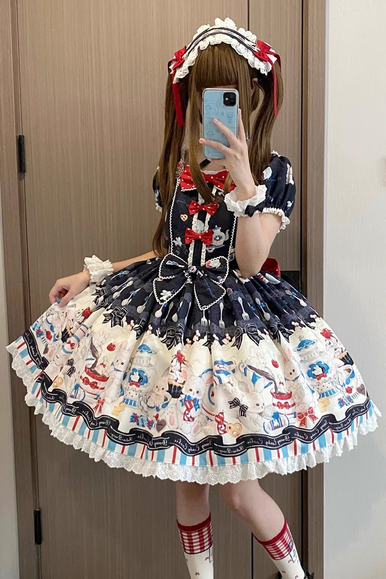 Black Mystery Rabbit Tea Party Square Collar Short Sleeves Print Ruffle Bowknot Lace Sweet Lolita Dress