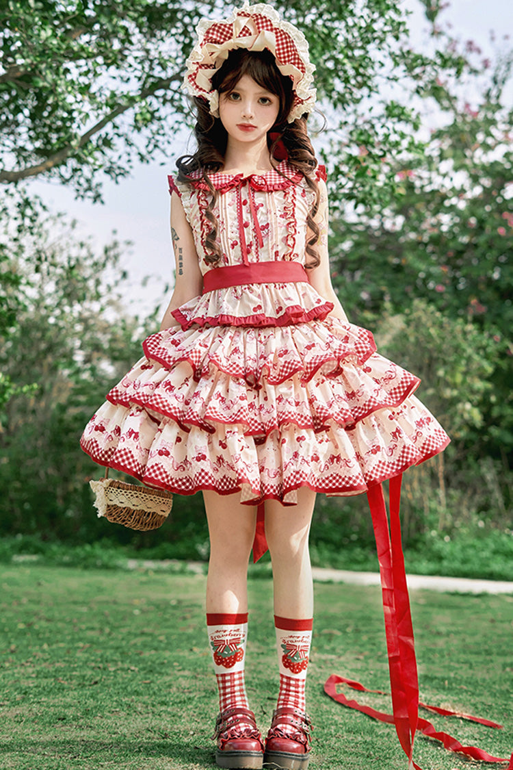 Red Triple-Layered Cherries Are Ripe Print Ruffle Sweet Lolita Skirt Set