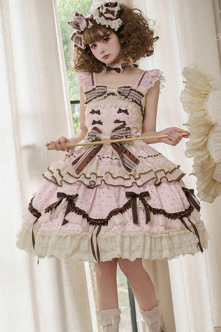 Pink Shengqiao Tata Sleeveless Print Ruffle Bowknot Lace-Up Sweet Elegant Lolita Jsk Dress