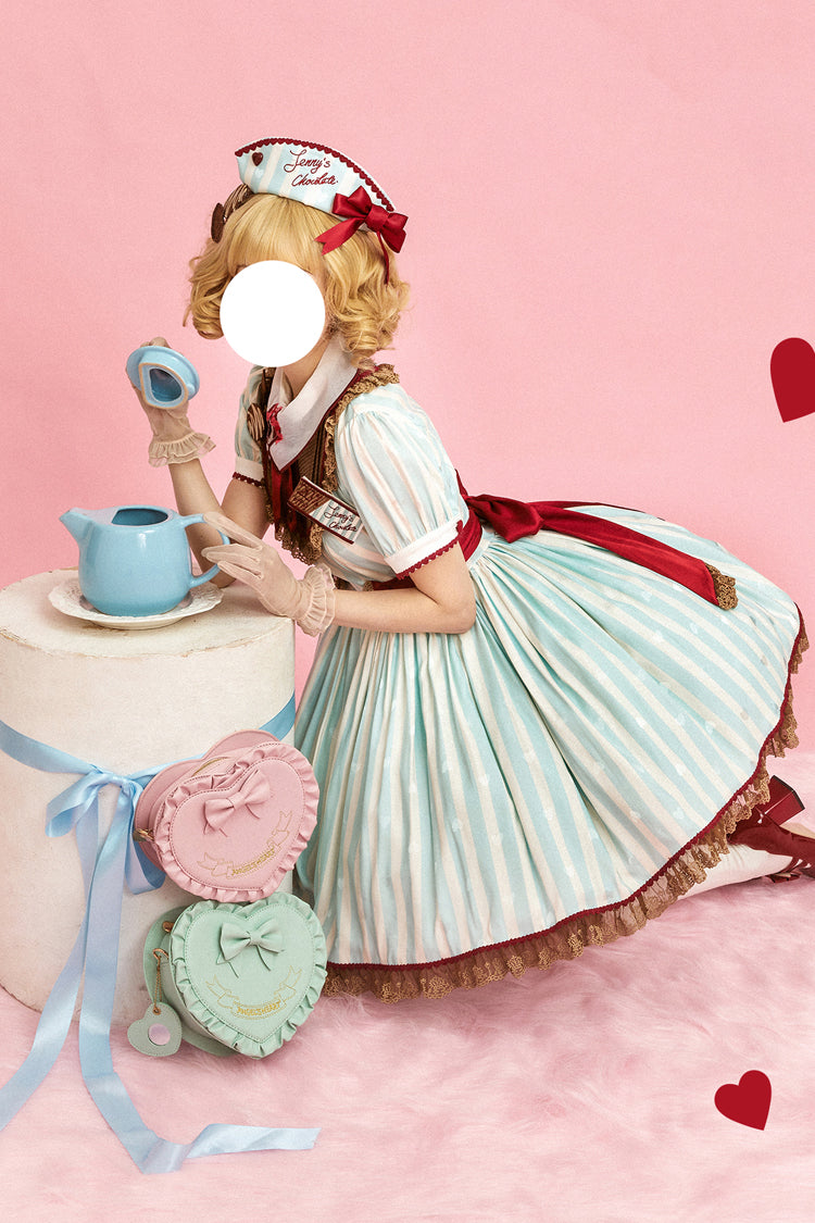 Green Jenny's Chocolate Short Sleeves Vertical Stripes Print Ruffle Bowknot Sweet Lolita Dress