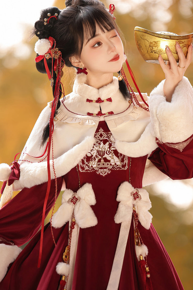 Red Long Sleeves Ruffle Embroidery Bowknot Chinese Style Sweet Lolita Hanfu Dress