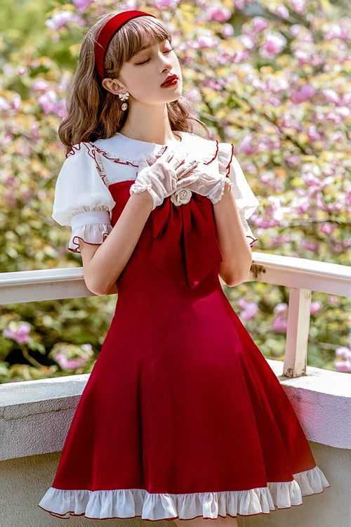 Red Camellia Ruffled Doll Collar Puff Sleeves Sweet Lolita Dress