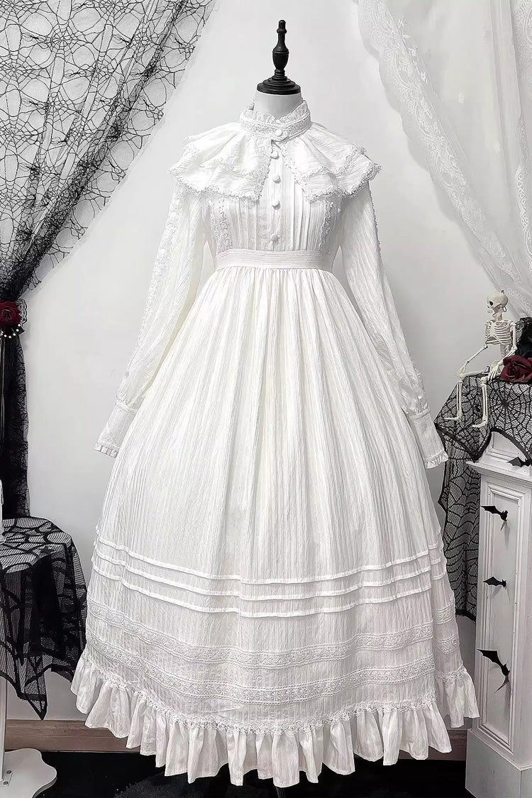 White Quiet Place Long Sleeves Jacquard Ruffle Embroidery Bowknot Gothic Lolita Dress