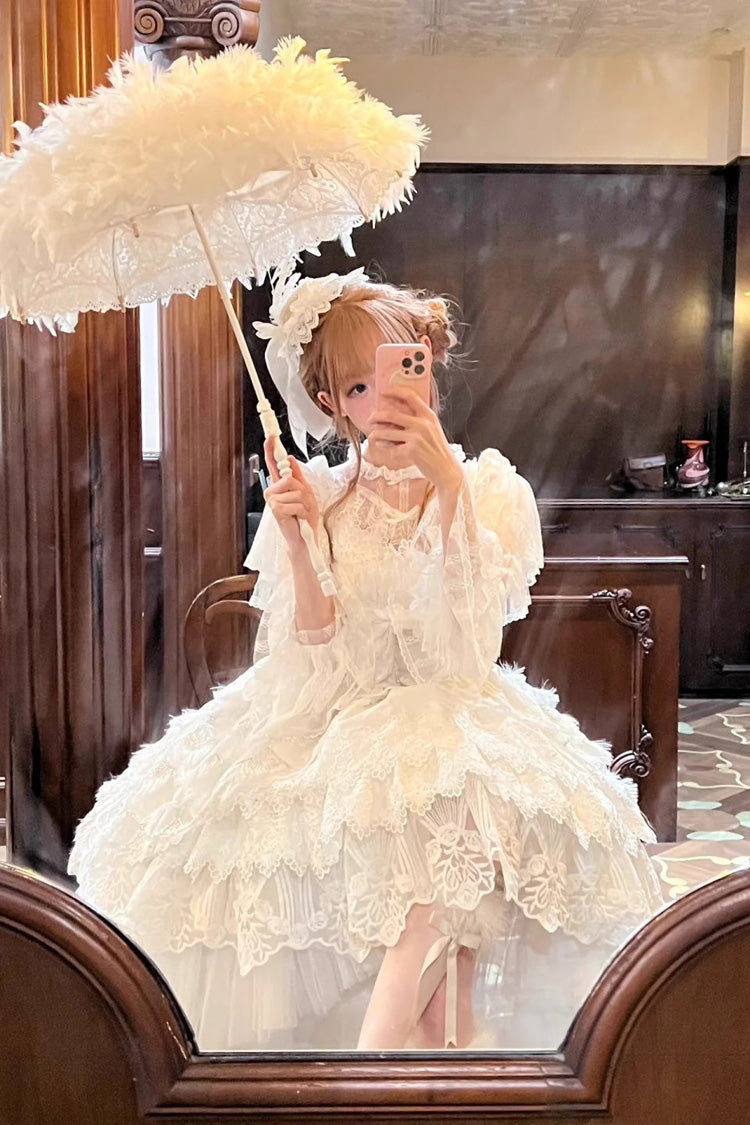 White Peacock Feather Multi-Layered Ruffle Hanayome Cardigan Bowknot Lace Sweet Lolita Jsk Dress Set