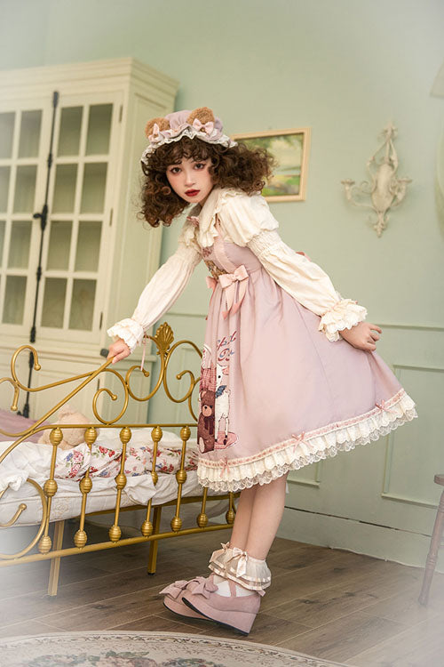 Pink Sheep & Bear Print Alice Girl Bowknot Ruffled Sweet Lolita JSK Dress