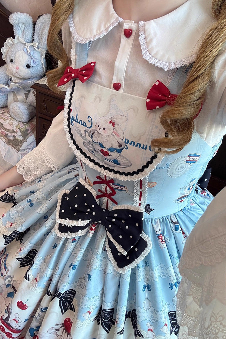 Blue Mystery Rabbit Tea Party Sleeveless Print Ruffle Bowknot Lace Sweet Lolita Jsk Dress