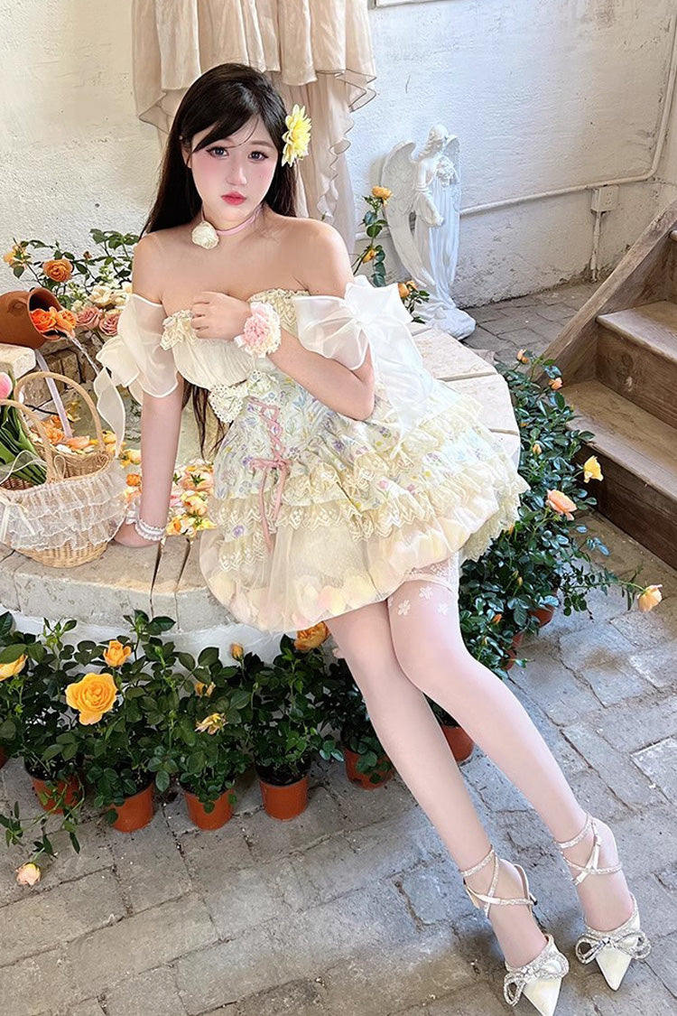 Ivory Flower Story Tulip Print Bowknot Lace Sweet Lolita Skirt