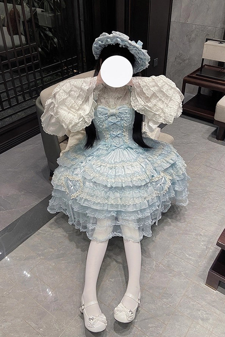Blue Sweetheart Diary Multi-Layered Ruffle Hanayome Embroidery Bowknot Lace Sweet Lolita Jsk Dress