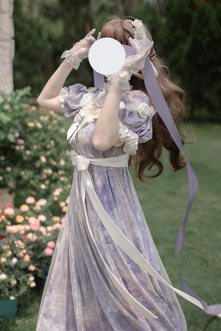 Purple Oil Painting Sun and Moon Poem Short Sleeves Print Ruffle Bowknot Sweet Princess Lolita Dress