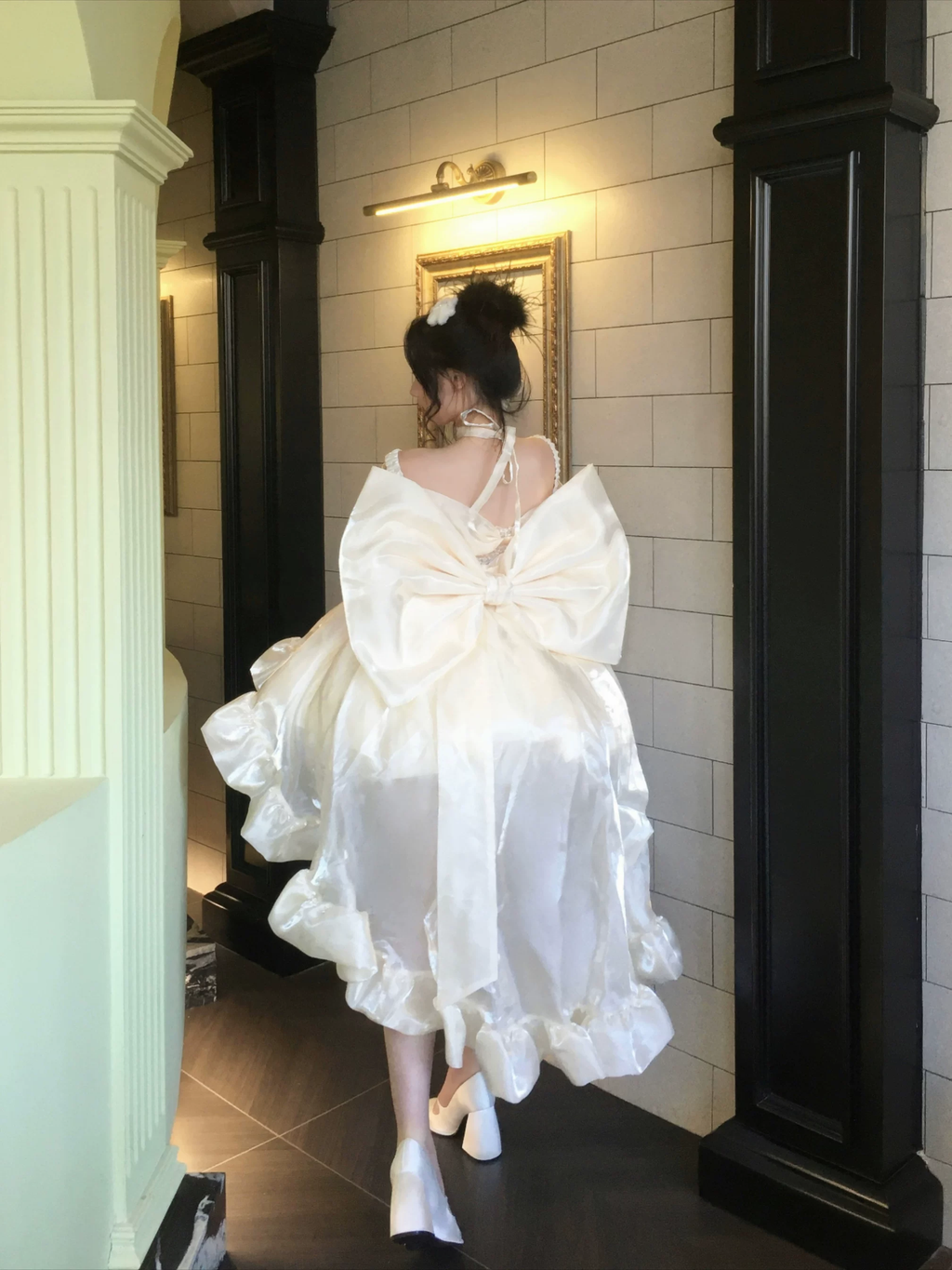 Champagne Beige Corset Layered Ruffled High-Low Large Bow Sweet Princess Lolita JSK Dress