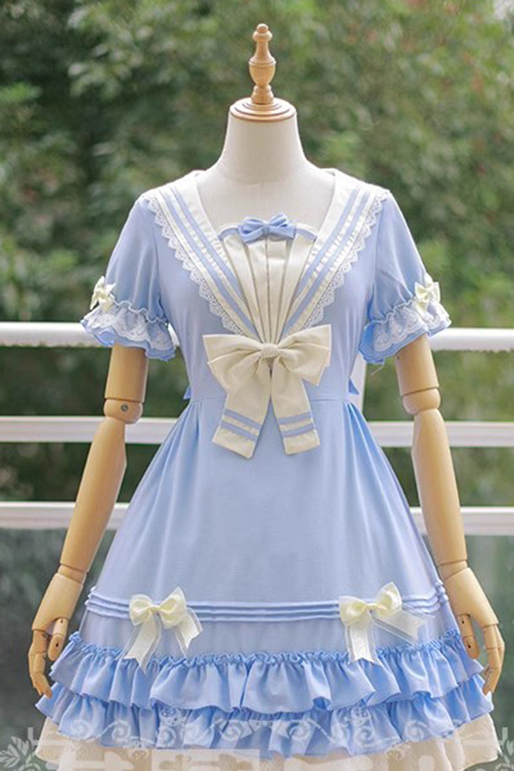 Rhine River Navy Style Short Sleeves Bowknot Sweet Lolita Dress 4 Colors