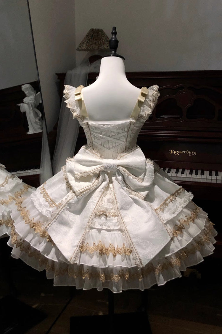 White Gilded Memories Sleeveless Double-Layered Ruffle Hot Stamping Bowknot Lace Sweet Lolita Jsk Dress