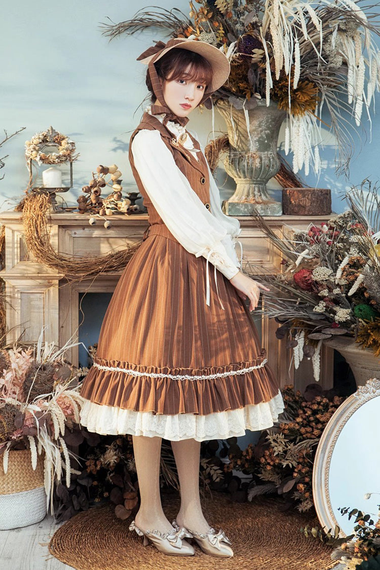 Multi-layer Striped Print Ruffle Sweet College Style Elegant Lolita Skirt 3 Colors