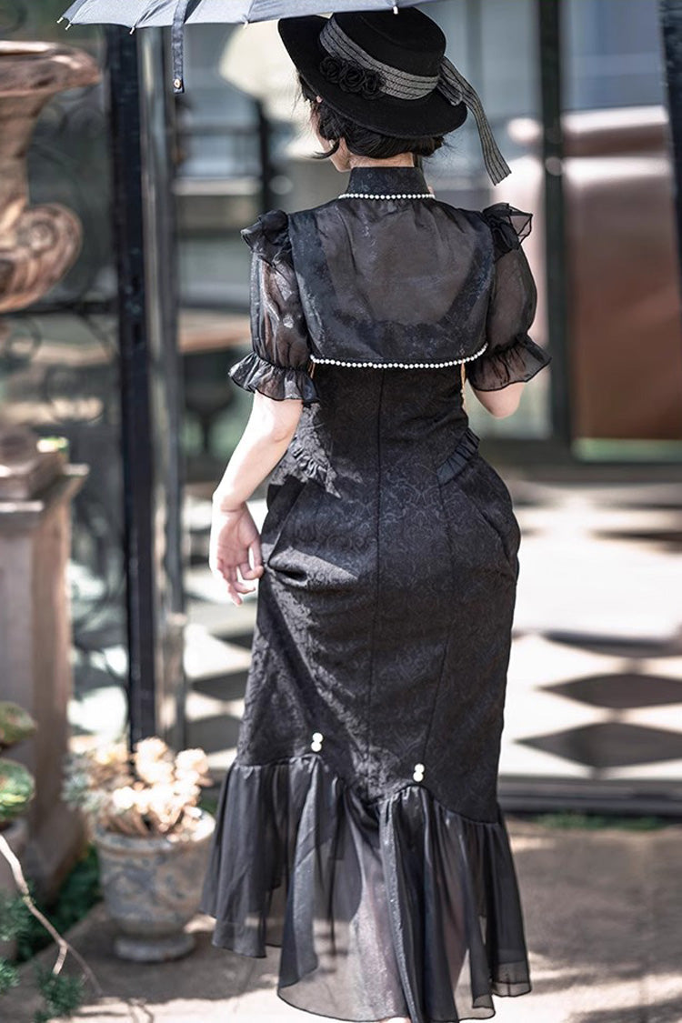 Black Camellia 1.0 Sleeveless Jacquard Ruffle Lace Gothic Chinese Style Lolita Jsk Fishtail Dress