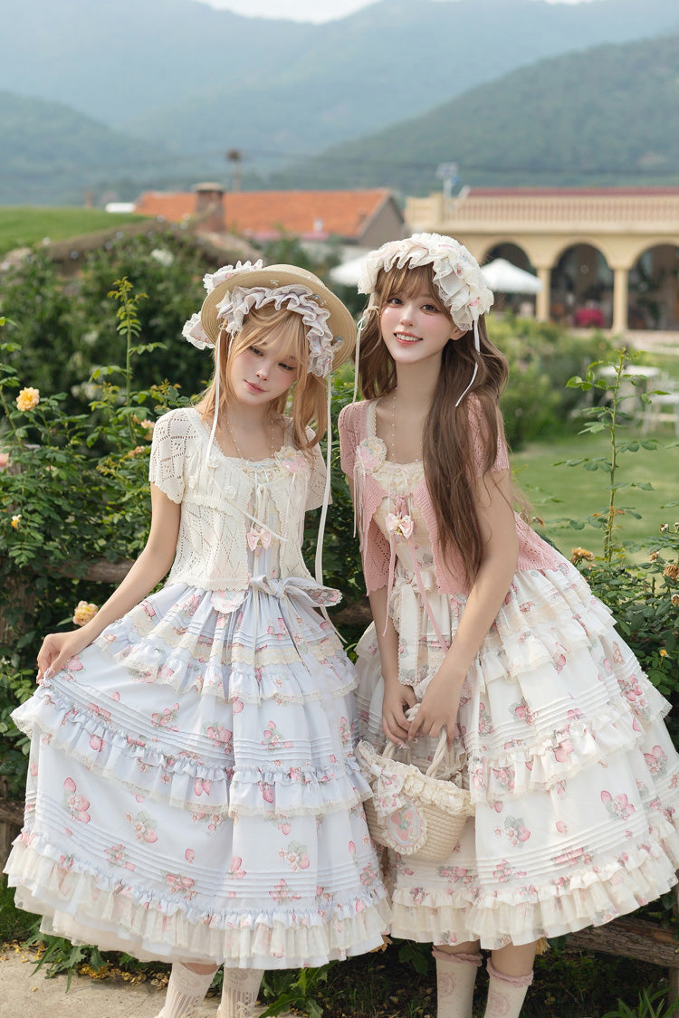 Strawberry Garden Sleeveless Multi-Layered Printed Ruffled Bow Sweet Lolita Jsk Dress 2 Colors