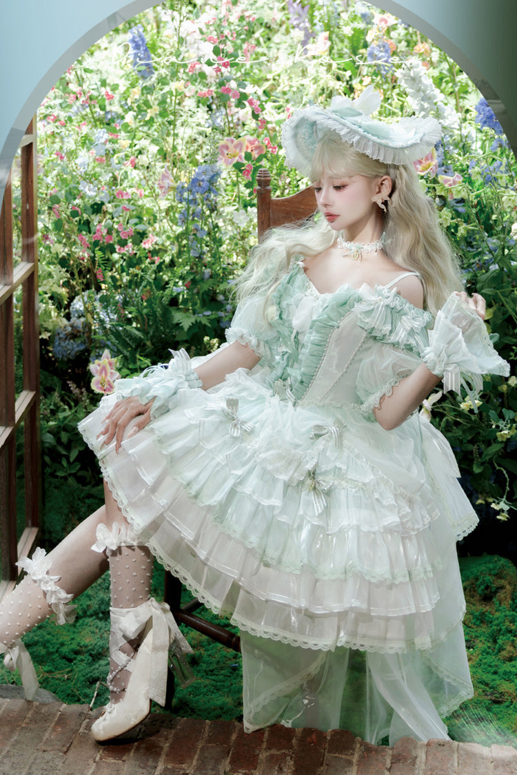Green Tulip and Wind Chime Multi-Layered Ruffle Bowknot Lace Sweet Gorgeous Lolita Jsk Dress