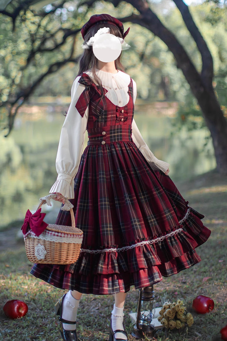 Red Little Red Riding Hood Double-Layered Plaid Print Ruffle Bowknot Sweet Vintage Lolita Jumper Dress