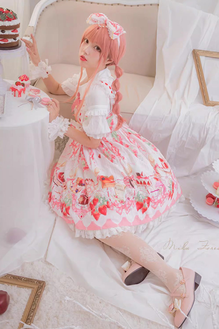 Strawberry Feast Sleeveless Printed Ruffled Bow Sweet Lolita Jsk Dress 4 Colors