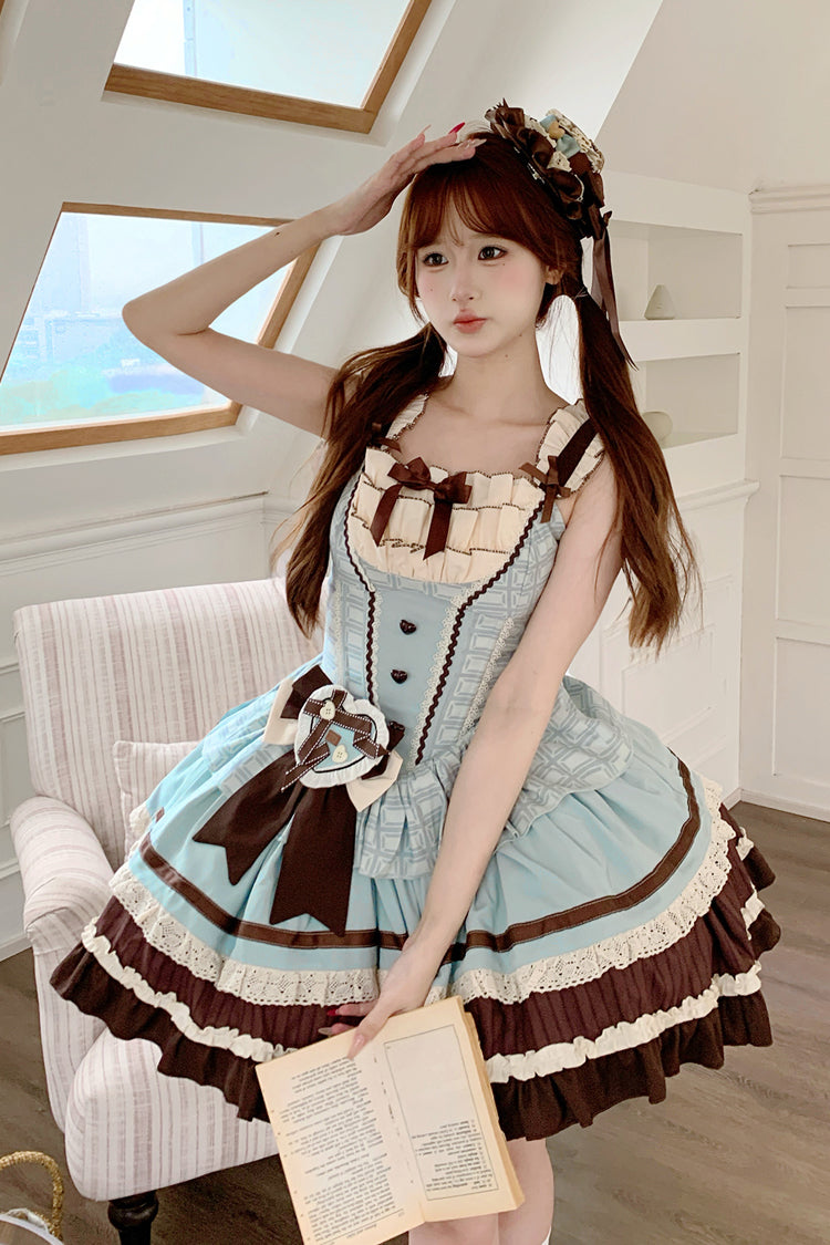Green/Brown Mint Chocolate Sleeveless Triple-Layered Ruffle Bowknot Sweet Lolita Jsk Dress
