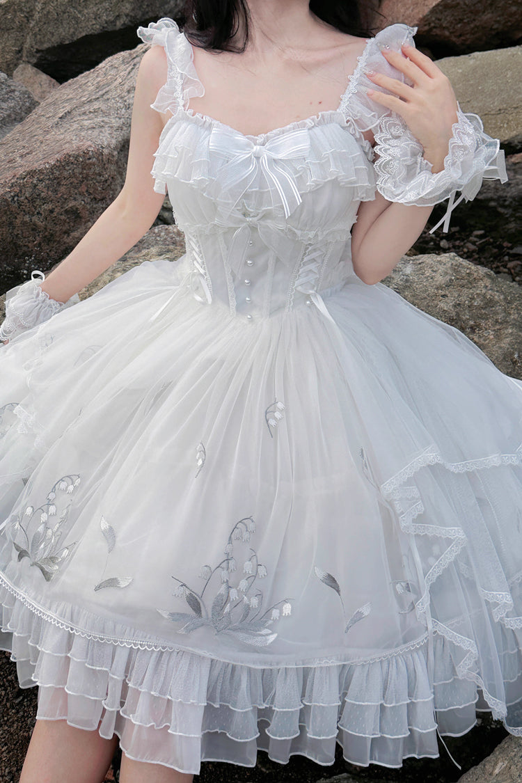 White Love Is Coming Multi-layer Ruffle Embroidery Bowknot Sweet Princess Lolita Jsk Dress