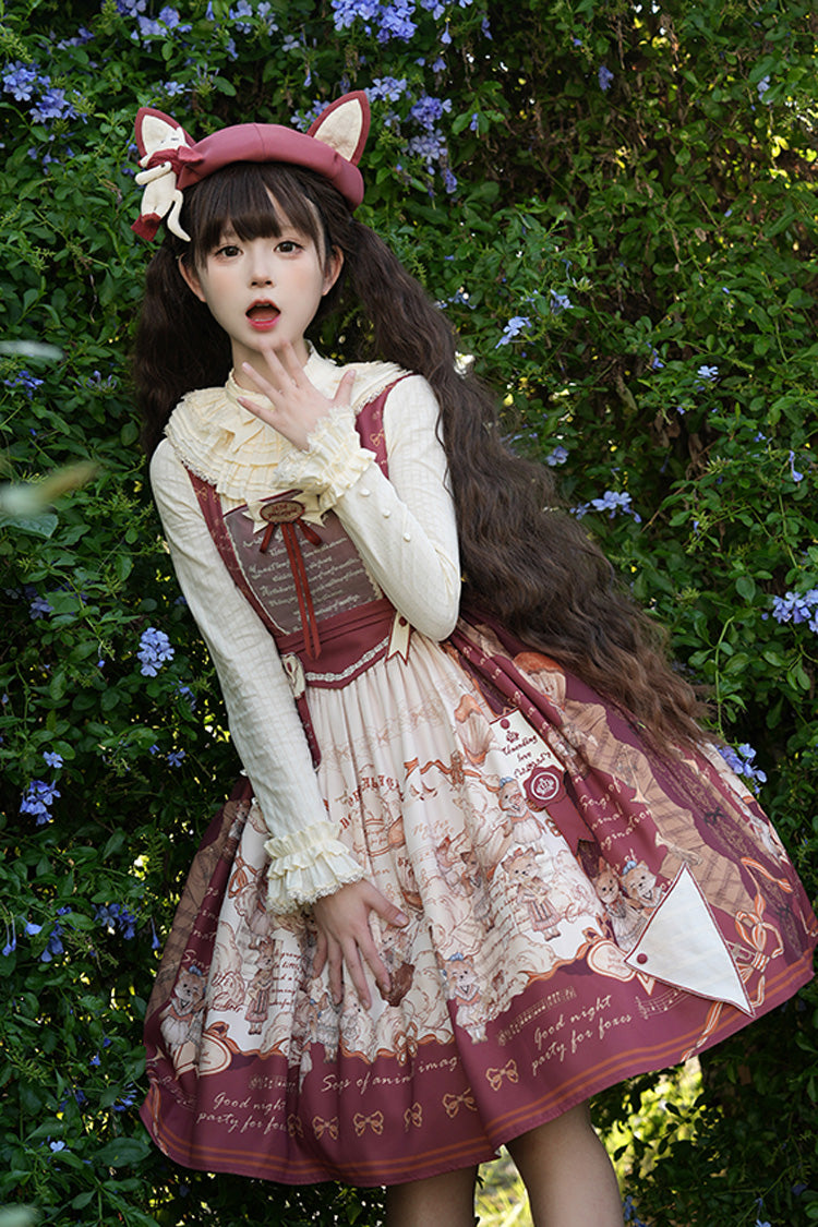 Wine Red Fox Band Print Square Collar Bowknot Classic Lolita Jumper Dress
