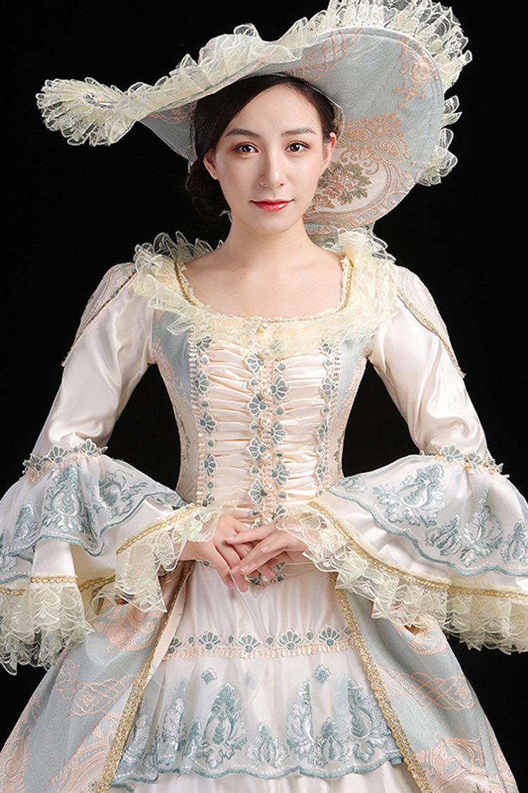 Blue/Champagne Trumpet Sleeves High Waisted Ruffled Multi-Layer Hollow Embroidery Print Victorian Lolita Prom Dress