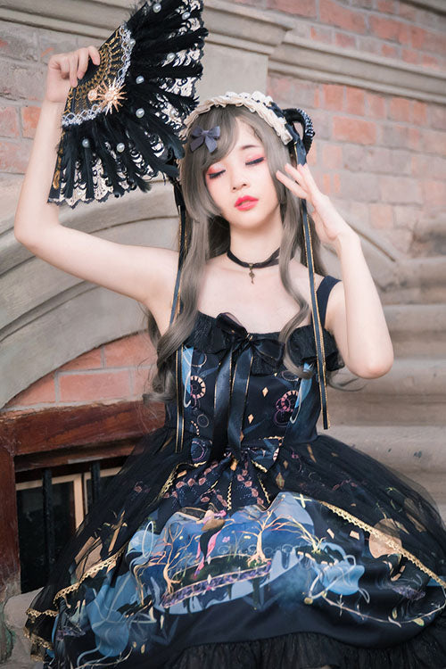 Dark Blue Vintage Mermaid Song Square Collar Bowknot Ruffled Sleeveless Gothic Lolita JSK Dress