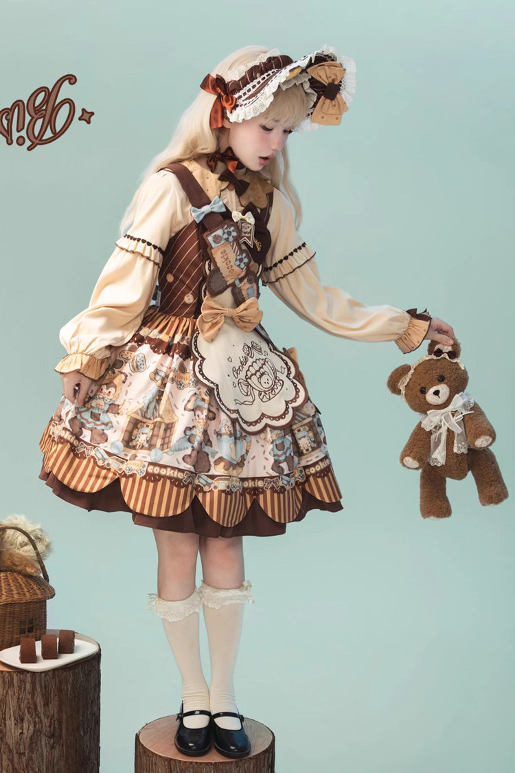 Bear Cookie Sleeveless Print Bowknot Sweet Lolita Jsk Dress Set 2 Colors