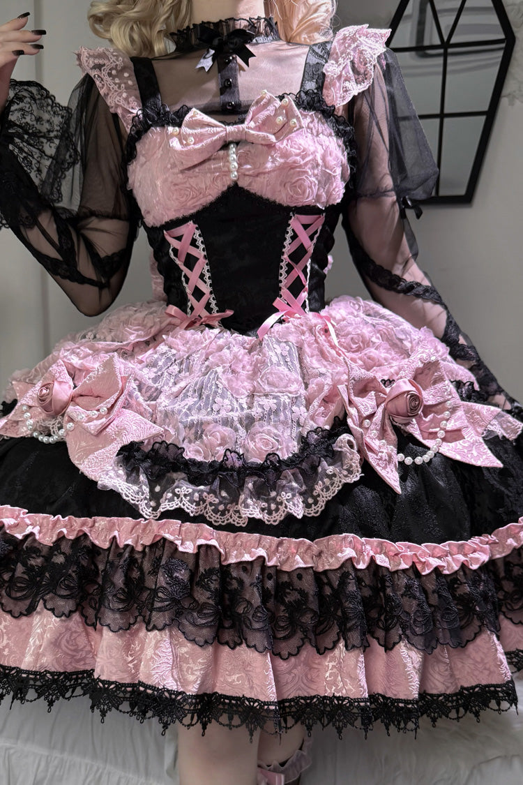Black/Pink Rose Princess Sleeveless Ruffle Bowknot Lace Lace-Up Sweet Ballet Lolita Jsk Dress