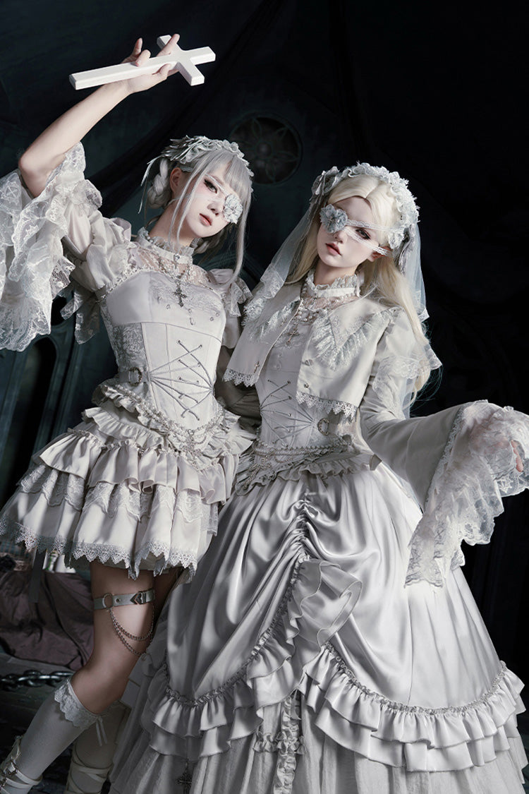 Solid Color Bionic Doll Square Collar Multi-Layered Ruffle Bowknot Lace-Up Gothic Lolita Long Skirt Corset Set